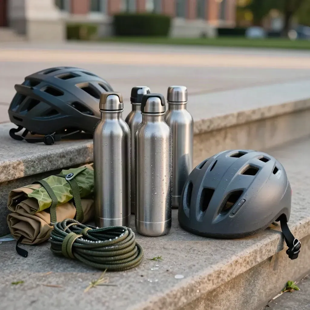 Courtyard climate gear at sunrise: bottles, helmets and folded tents on dew-dark grass.