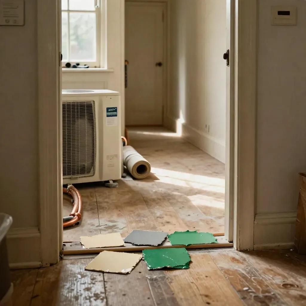 Retrofit kit staged in a terraced home hallway with heat-pump unit, insulation and paint chips