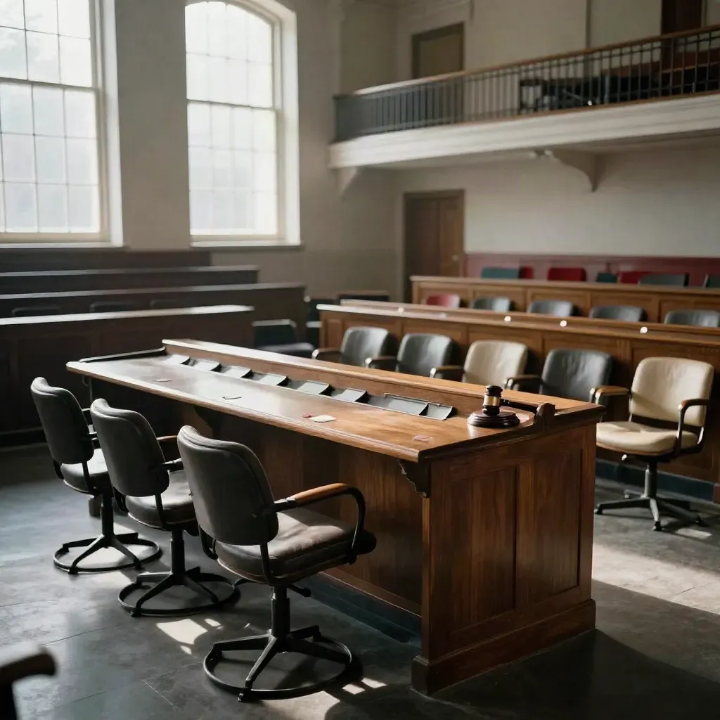 Empty council chamber voting desk with red seat markers and a gavel in morning light.