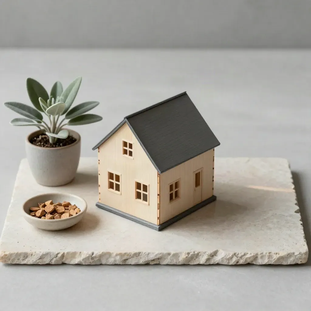 Overhead still life of a house model, herb, and cork chips on pale stone.