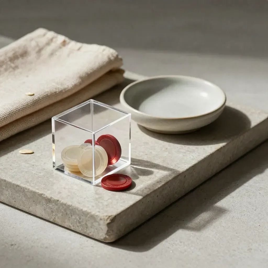 Acrylic vote-count cube with chips on stone tray, linen cloth and ceramic dish, lit from upper left.