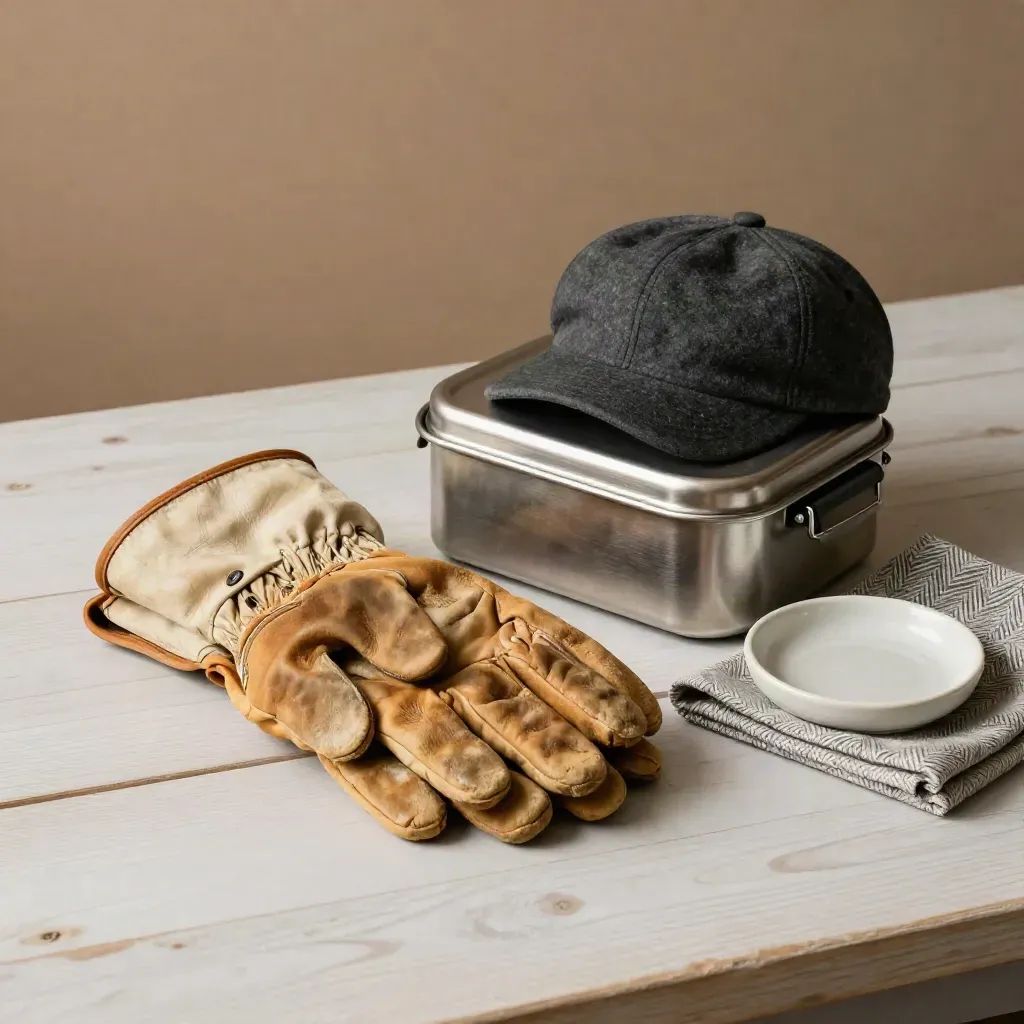 Worn work gloves, steel lunchbox and wool cap on pale wood, lit for labour politics.