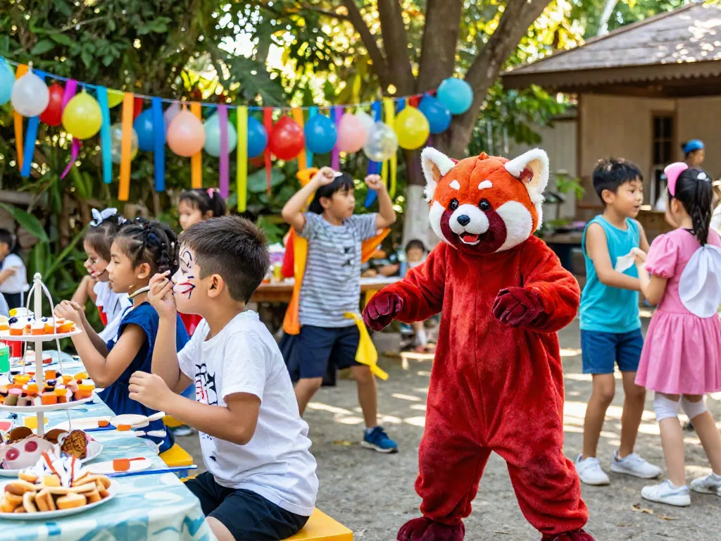 Kids in red panda costume enjoying a lively outdoor party with colorful decorations and snacks.
