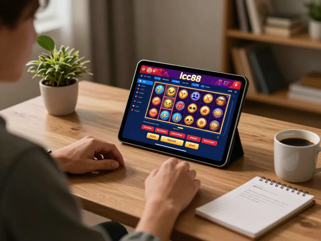 Engaging player using lclc88 tablet for strategic online gambling in a cozy home.