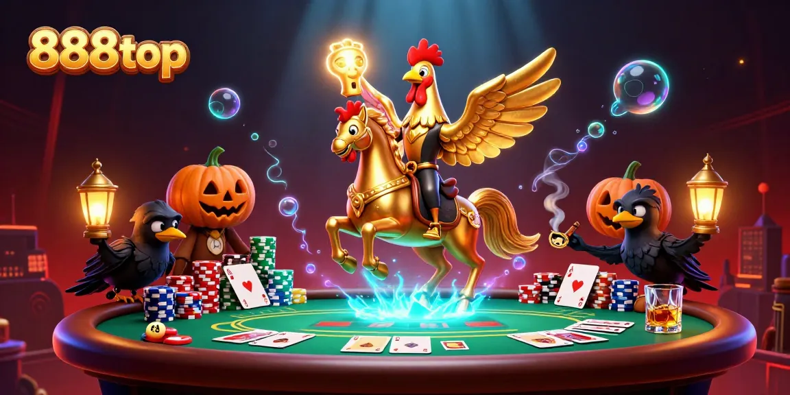 Experience exciting gameplay with 888top as a golden rooster heads through a vibrant midnight casino.