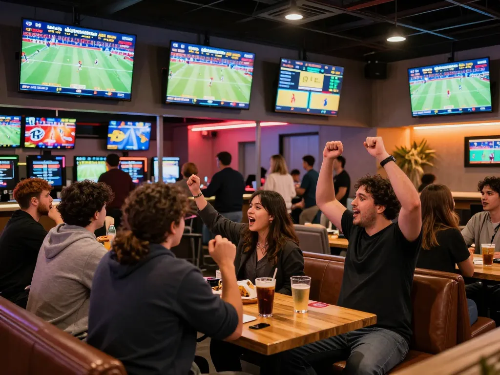 Engaged sports bettors experiencing excitement at debet sports betting lounge with multiple screens displaying live games.