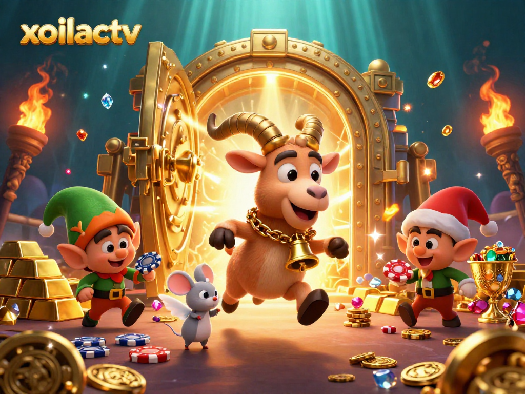 Experience excitement at xoilactv with Krampus and whimsical characters in a vibrant casino scene.