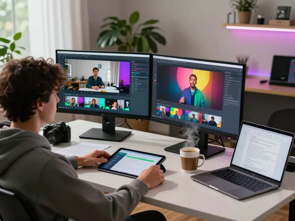 Analyzing video to prompt in a creative workspace with AI tools and dual monitors.