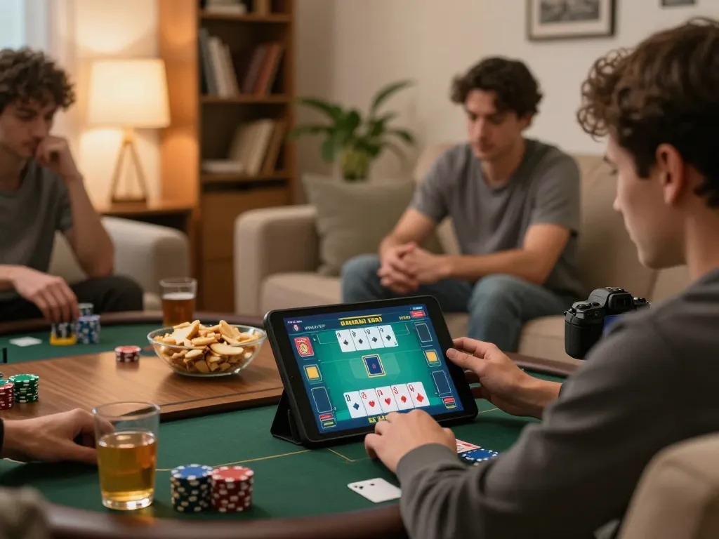Engaging home poker game experience featuring mini-game strategy on tablet in cozy setting.
