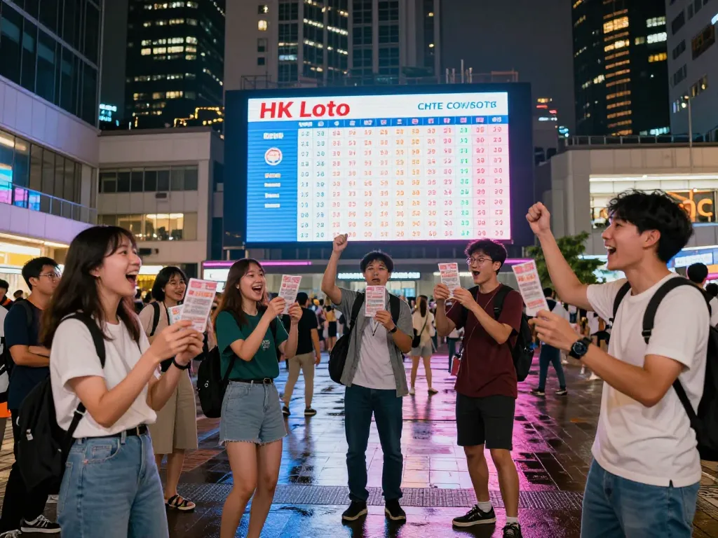 Excited crowd celebrating HK Lotto results in vibrant urban setting.