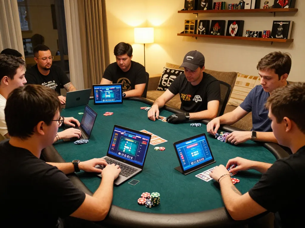 Engaged players enjoying Poker Uang Asli Dominobet on tablets and laptops in a cozy home setting