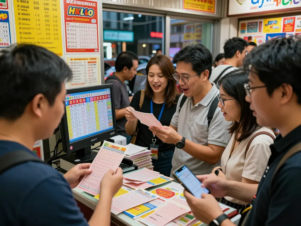 Excited crowd checking HK Lotto results in a vibrant Hong Kong lottery shop, capturing anticipation and hope.