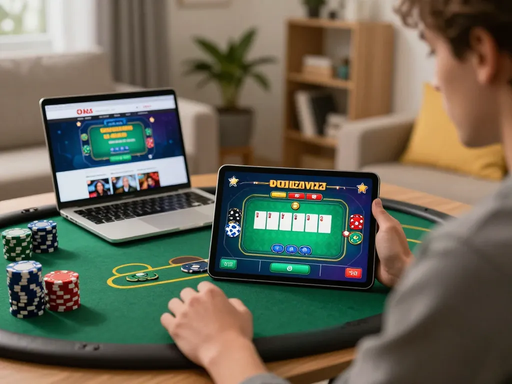 Rokok88 user enjoying an engaging online poker game on a tablet in a cozy home atmosphere.