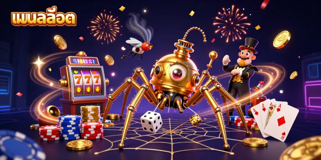 Engage with แบบสล็อต as a 3D illustrated steampunk spider ensnares dice and coins amidst a vibrant casino scene.