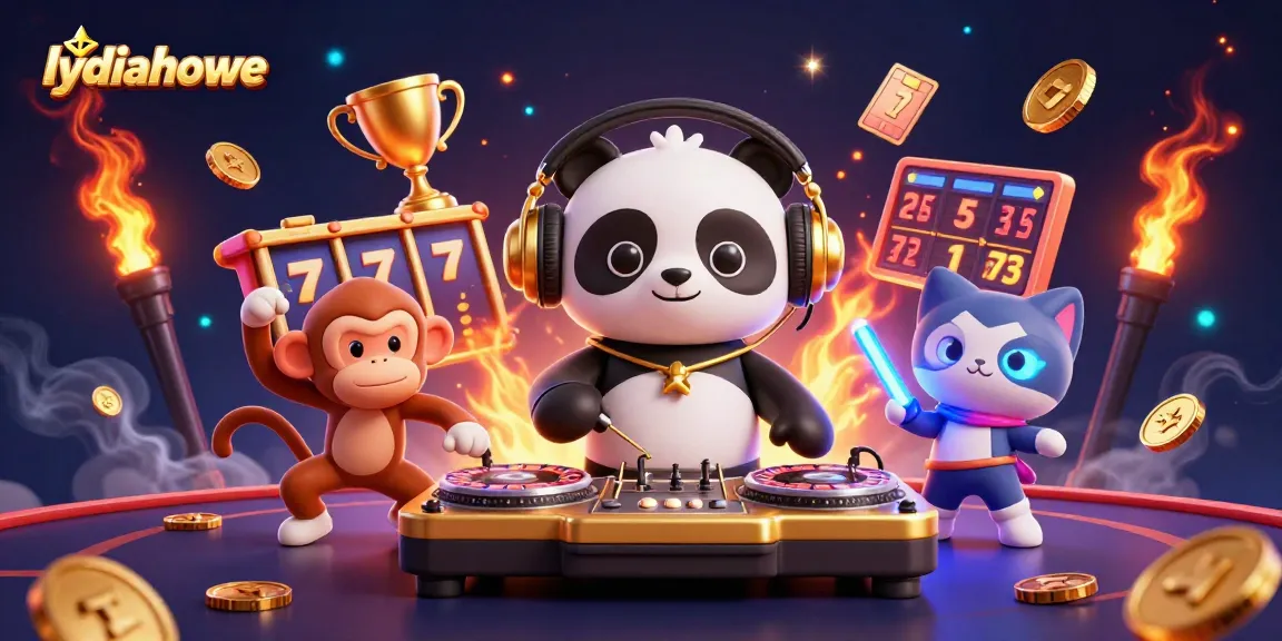 Lydiahowe progressive win on a vibrant 3D illustration featuring a DJ panda and casino elements.
