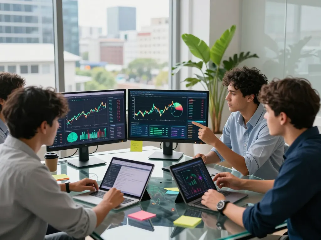 Collaboration in a vibrant workspace focused on a crypto earning platform with professionals analyzing data and discussing strategies.