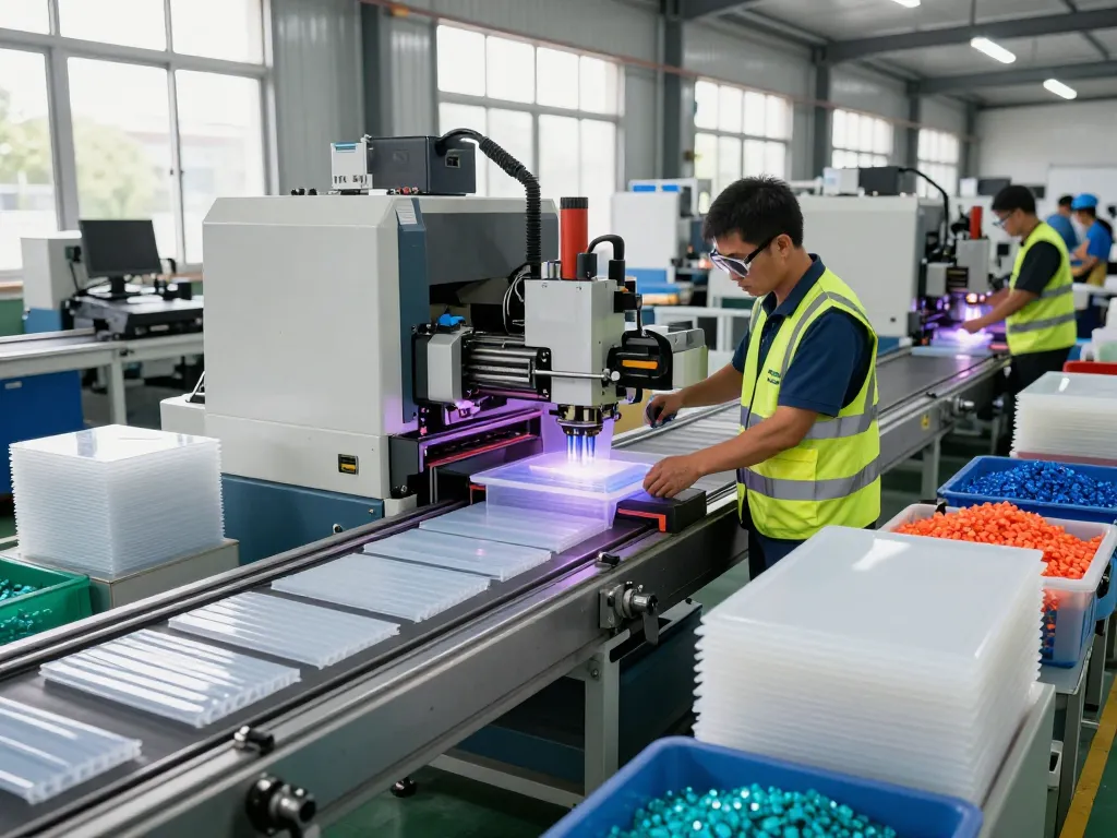 Bóc ép plastic ba đình production scene with technician operating machinery in a vibrant factory.