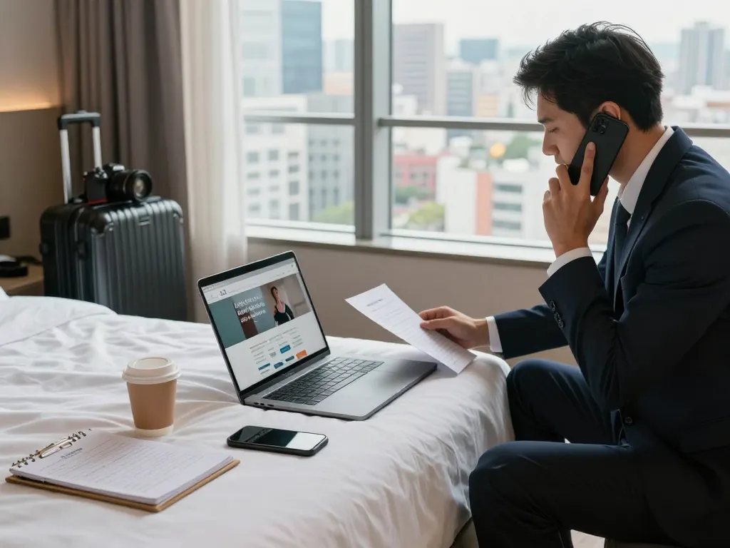 Business traveler booking 출장 massage service in hotel room with laptop and coffee.