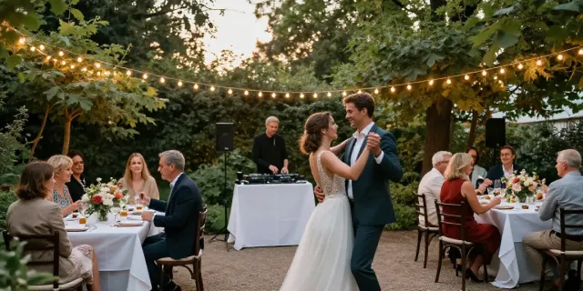 Beautiful wedding celebration with DJ in Berlin Brandenburg, guests dancing under fairy lights.
