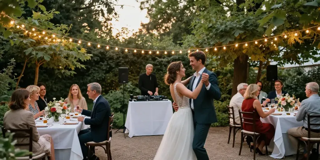 Beautiful wedding celebration with DJ in Berlin Brandenburg, guests dancing under fairy lights.