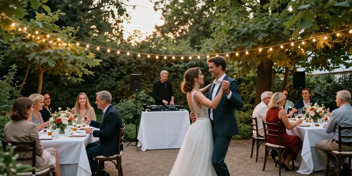 Beautiful wedding celebration with DJ in Berlin Brandenburg, guests dancing under fairy lights.