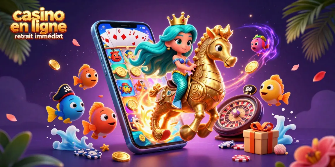 Casino en ligne retrait immédiat : Illustration dynamique de gains rapides avec sirène et hippocampe.