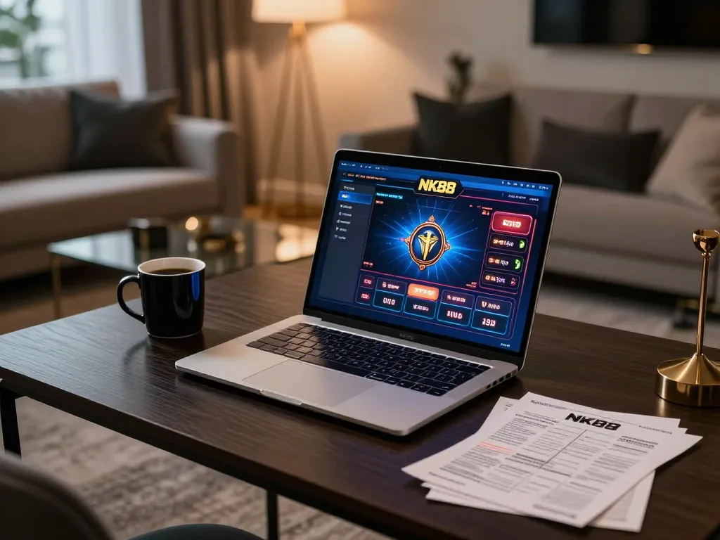 Player engaging with NK88 online casino on a stylish laptop in a cozy home setting.