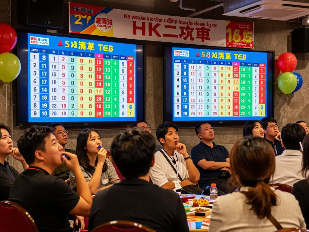 Excited players watching the HK Lotto live draw with vibrant displays in an animated atmosphere.