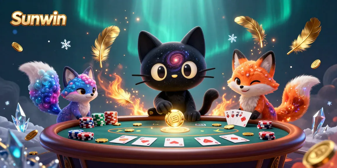Sunwin's immersive cosmic casino scene with a black hole cat and nebula fox gaming.
