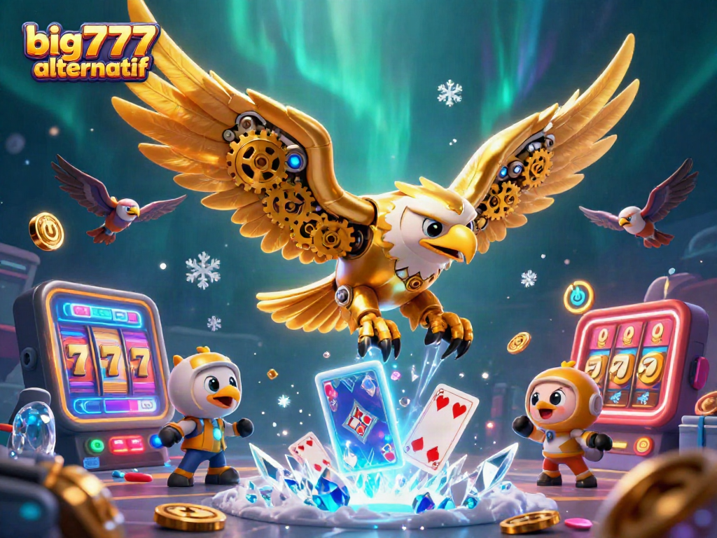Experience big777 alternatif with a vibrant cybernetic eagle amidst colorful slot reels and holographic cards.