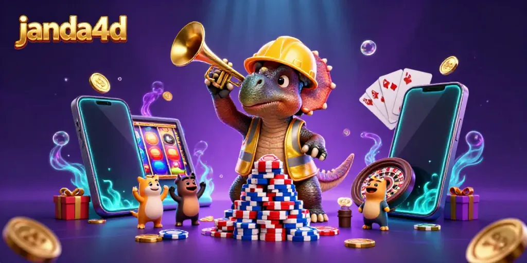 Sensasi bermain dengan janda4d, triceratops membangun piramida chip poker di latar belakang berkilau penuh warna