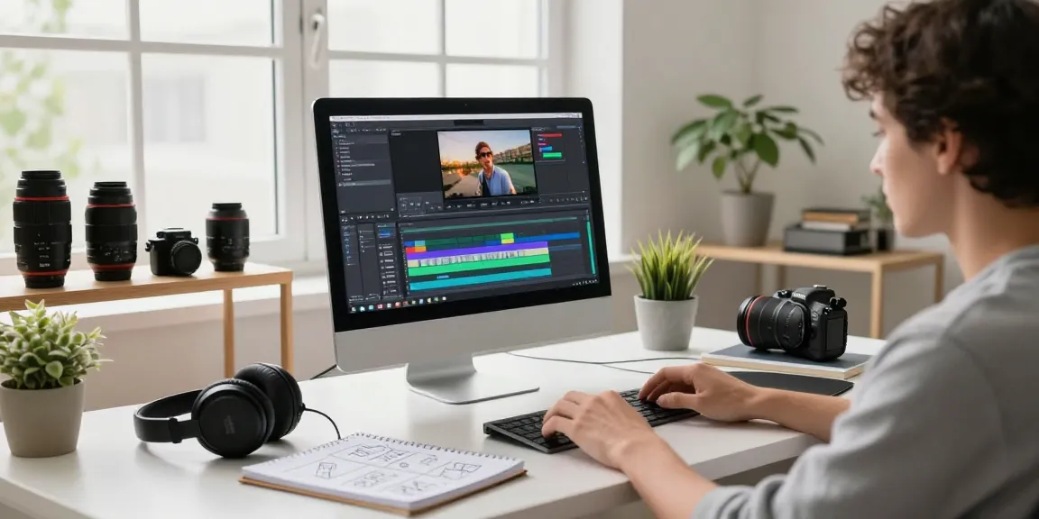 Learn video editing and motion graphics at a creative workstation with editing software and art supplies.