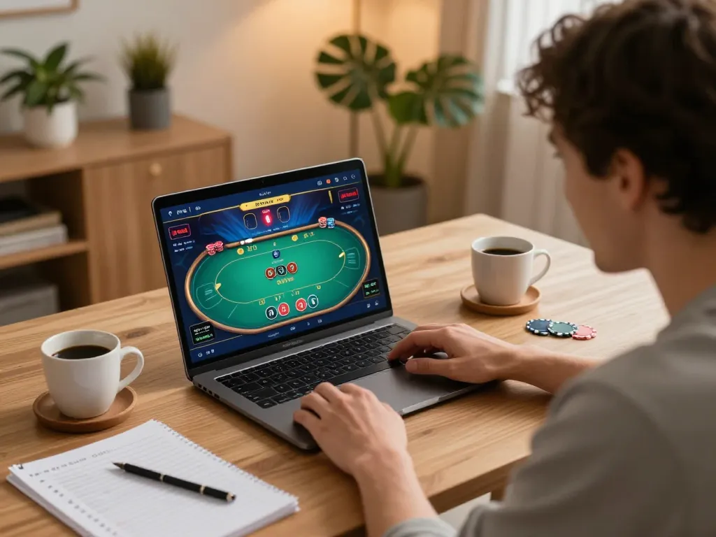 Person actively strategizing during a v9bet online poker game, showing excitement and engagement.