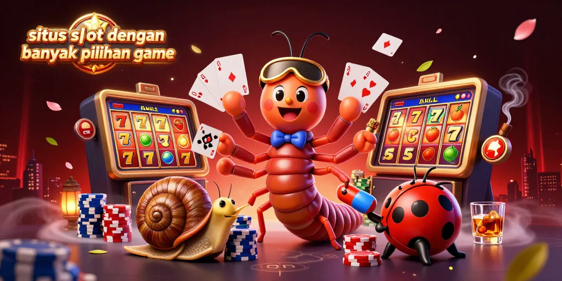 Permainan situs slot dengan banyak pilihan game menampilkan dealer kartun, keripik jackpot besar, dan suasana kasino yang menarik.