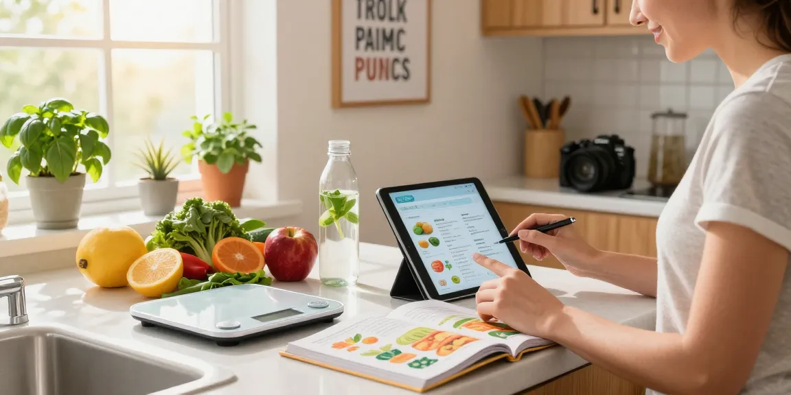 Best calorie tracker in a lively kitchen with fresh ingredients and meal logging.