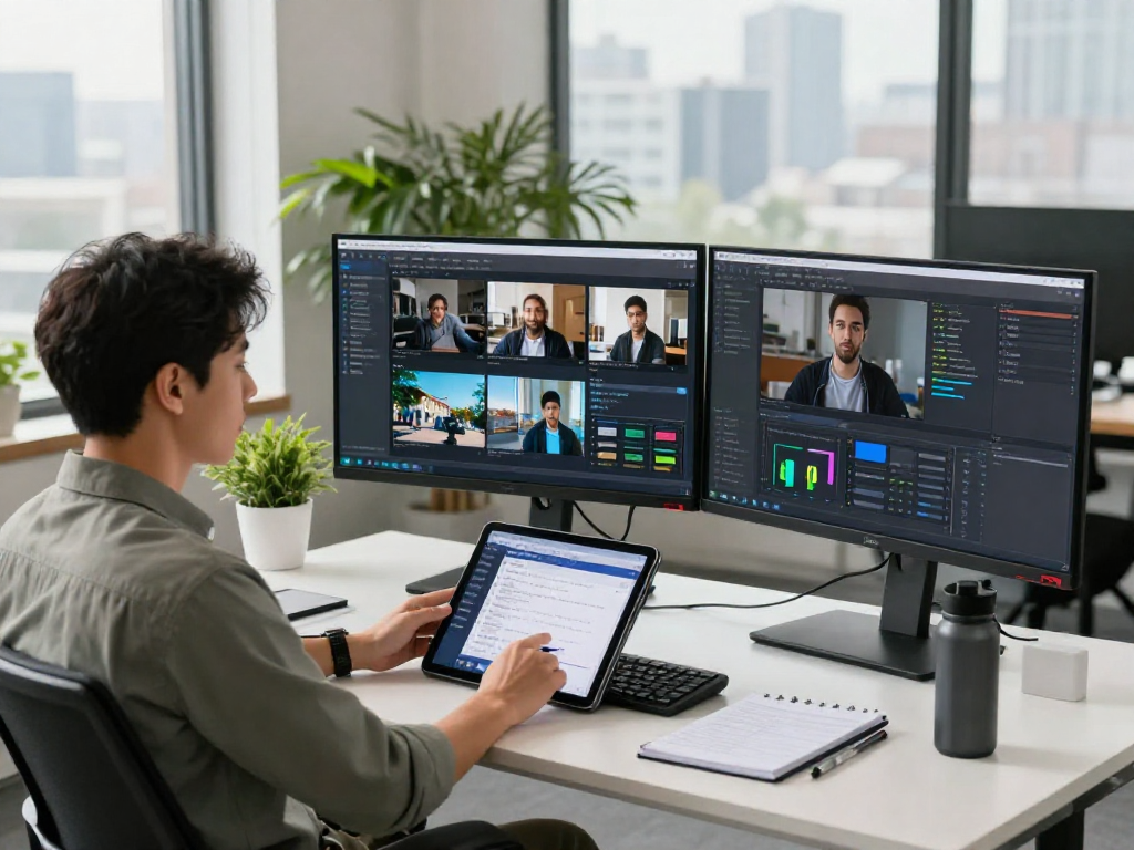 Developer using ai image detector in a tech workspace with analytics displayed on multiple monitors.