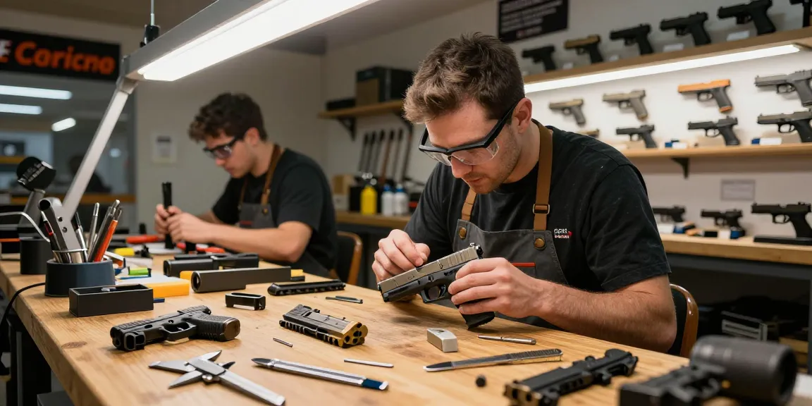 Custom Glock slide installation at precisionglockslides.com in a bright workshop.