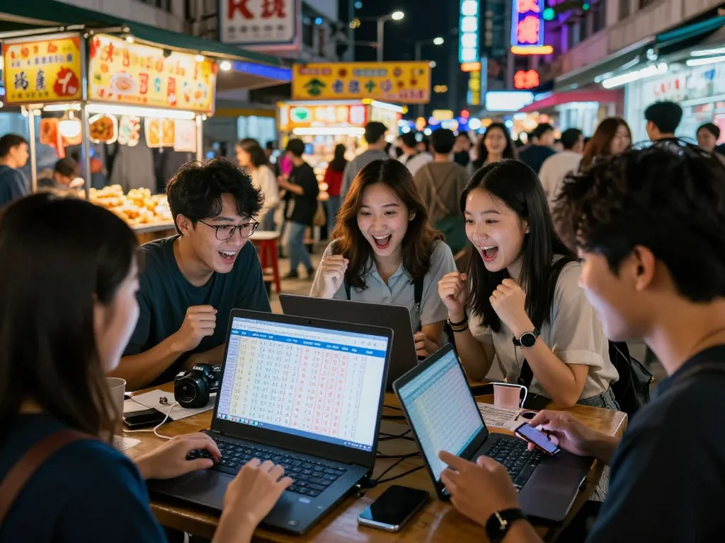 Friends celebrating potential wins as they view HK Lotto results on a digital screen in a vibrant city at night.