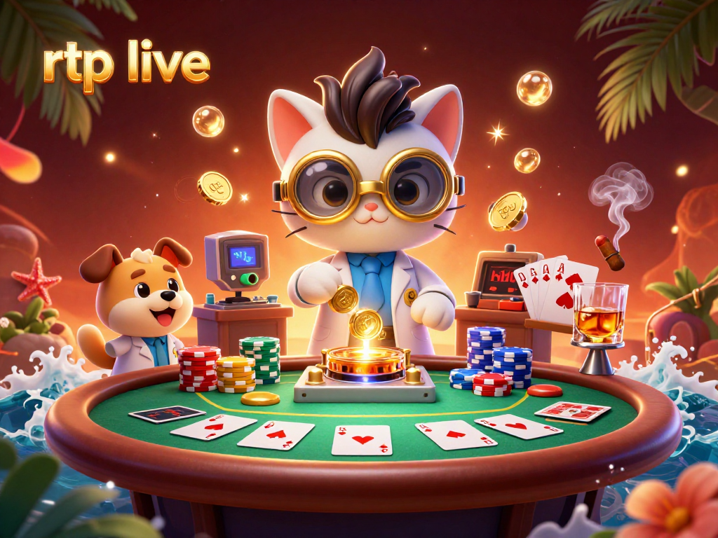 Enhance your rtp live gaming with a vibrant 3D illustration of a mad scientist cat and poker elements.