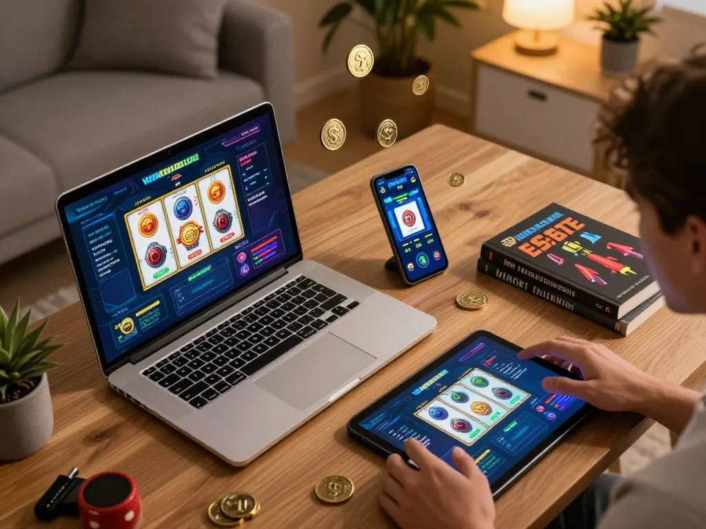 Cảnh chơi game tại nhà hấp dẫn giới thiệu các tùy chọn slot luckywin trên máy tính bảng, khuyến khích đánh bạc có trách nhiệm.