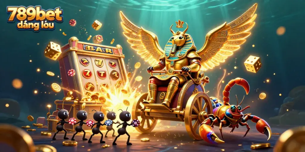 Win big with 789bet đăng nhập, featuring dynamic golden scarab scenes and exciting casino game elements.
