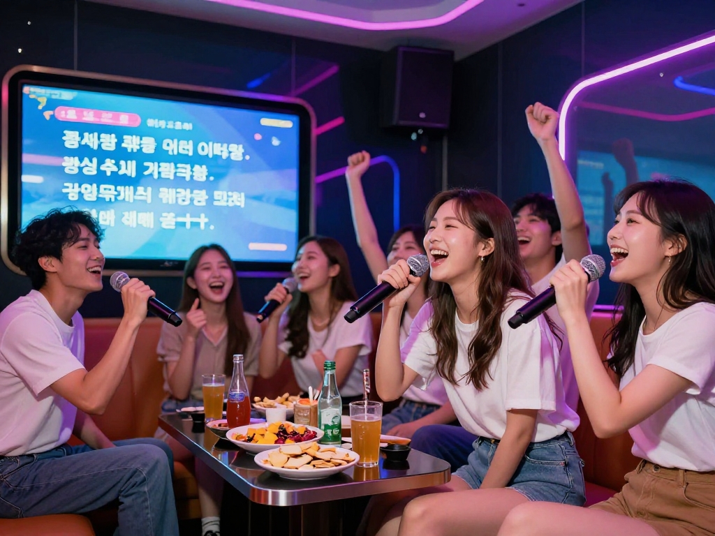 강남 달토 가라오케에서 친구들과 노래 부르는 모습, 생동감 넘치는 분위기