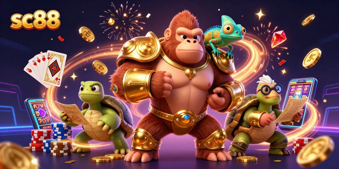 Engage in thrilling gameplay with the sc88 casino's dynamic 3D cartoon illustration featuring a gorilla king and more.
