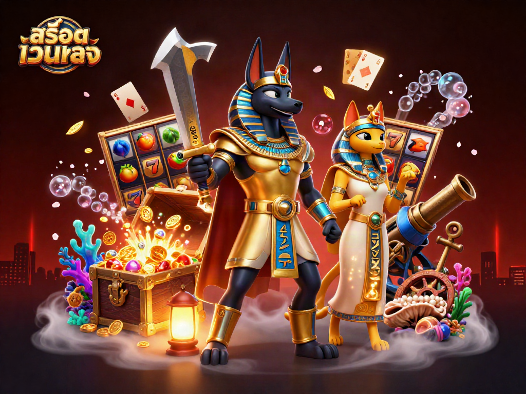 Engage with สล็อตเว็บตรง slots featuring Anubis and Bastet in a vibrant, animated gaming scene.