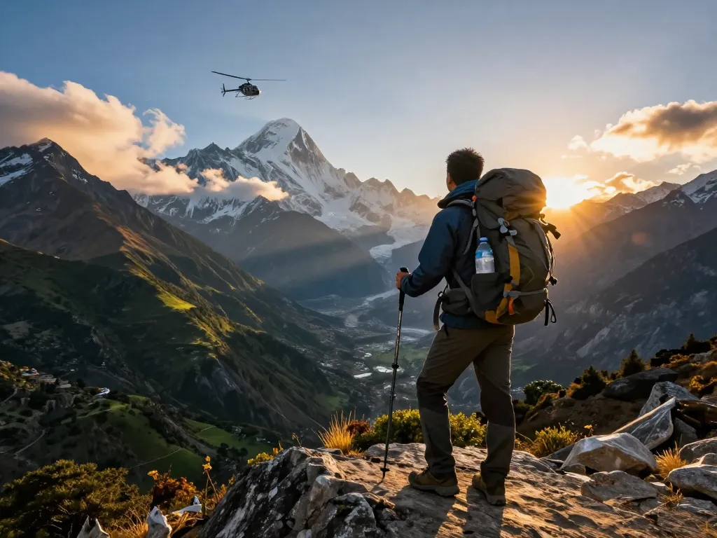 Stunning scene of the Everest Base Camp Heli Trek with a traveler at a mountain viewpoint.