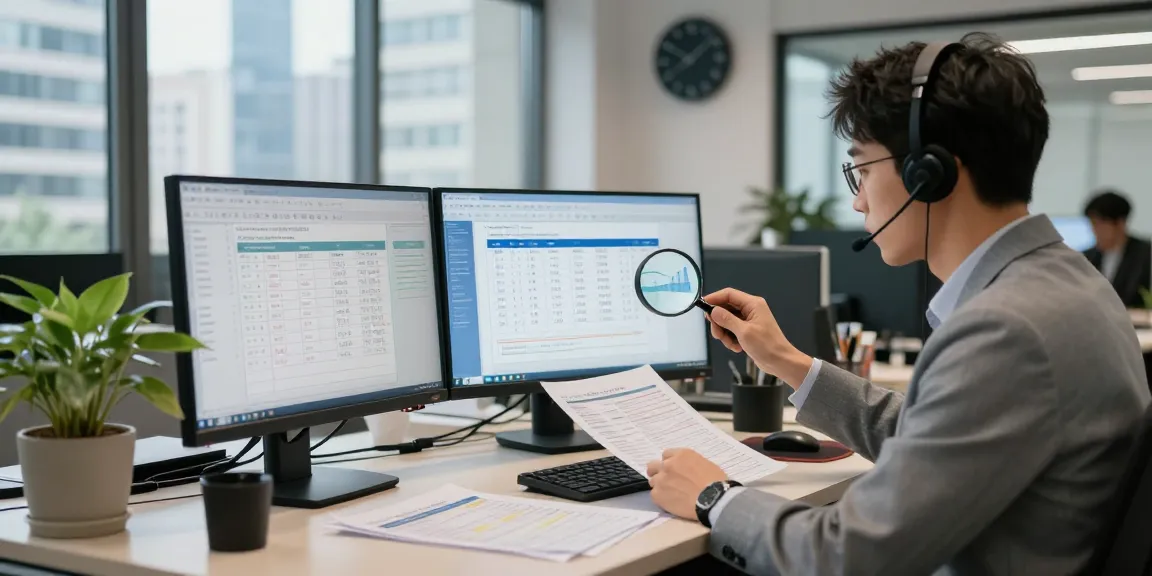 Detect fraud invoice efficiently with financial analyst reviewing data in modern office.
