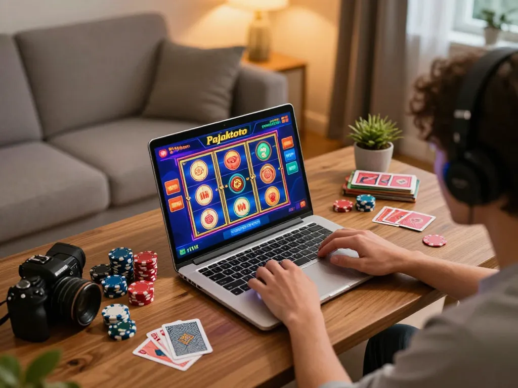 Pajaktoto gaming session on a laptop in a cozy home environment with excitement in the air.