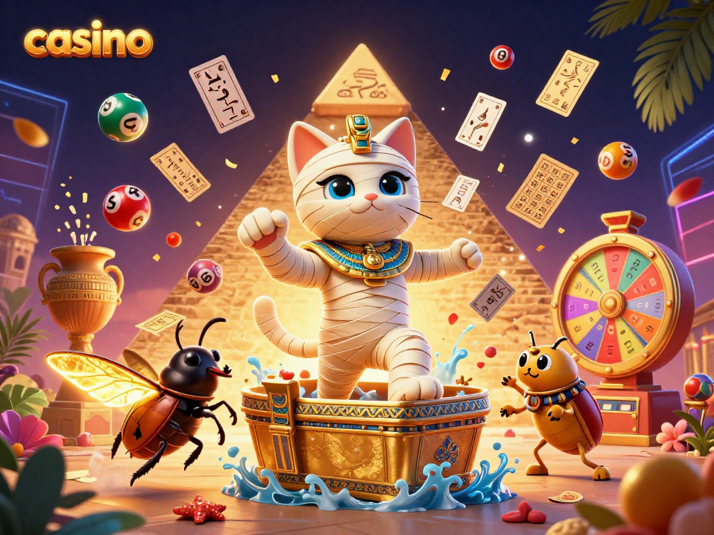 Casino illustration featuring Egyptian mummy cat and vibrant winnings in an energetic scene.
