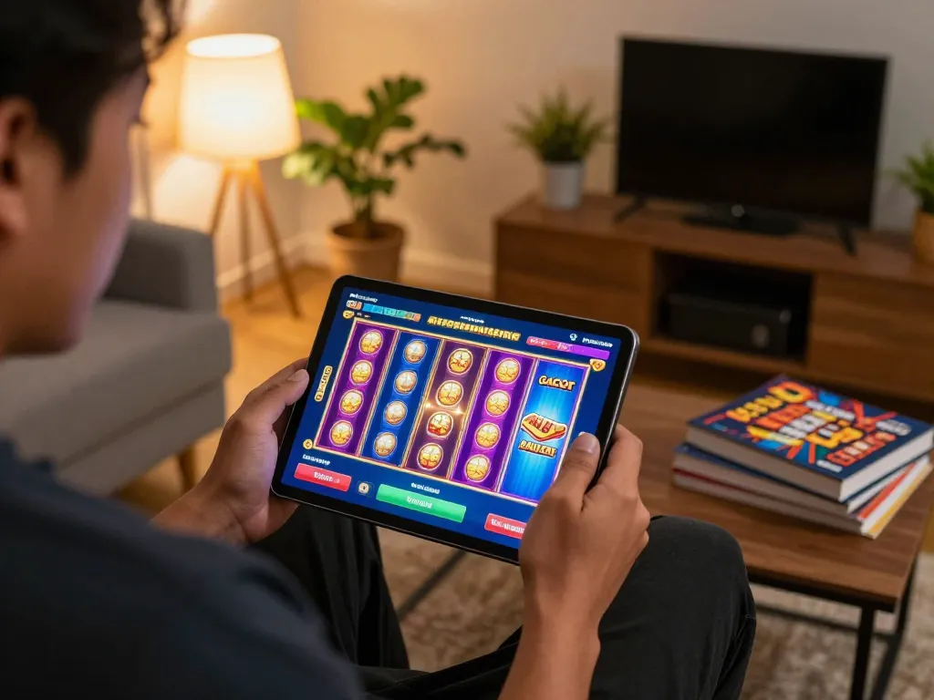 Engaged in slot gacor gameplay at home, showcasing vibrant online casino atmosphere.