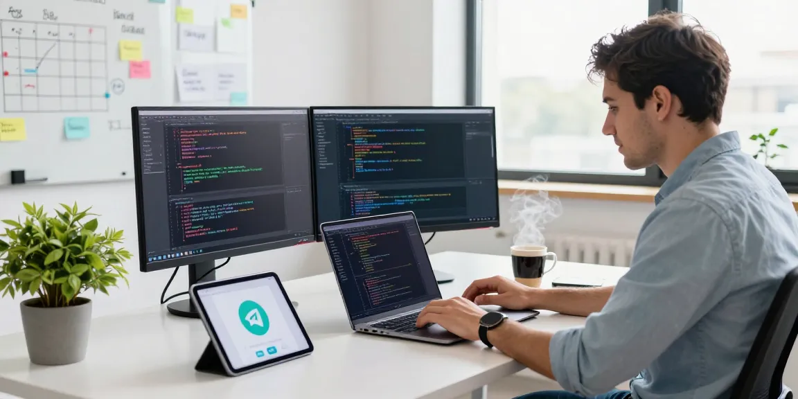 Workspace with coding activity, showcasing telegram官网 usage in a tech environment.